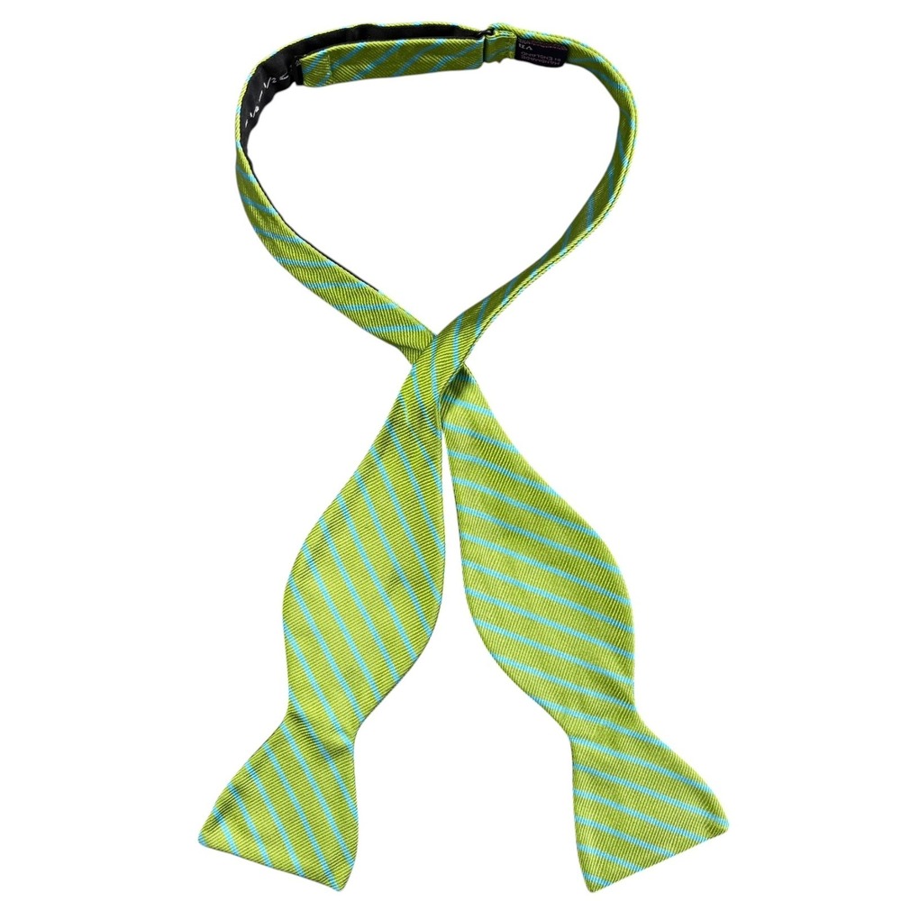 Ben Silver Silk Woven Striped Bow Tie Mens Green Blue Charleston London 2.5"